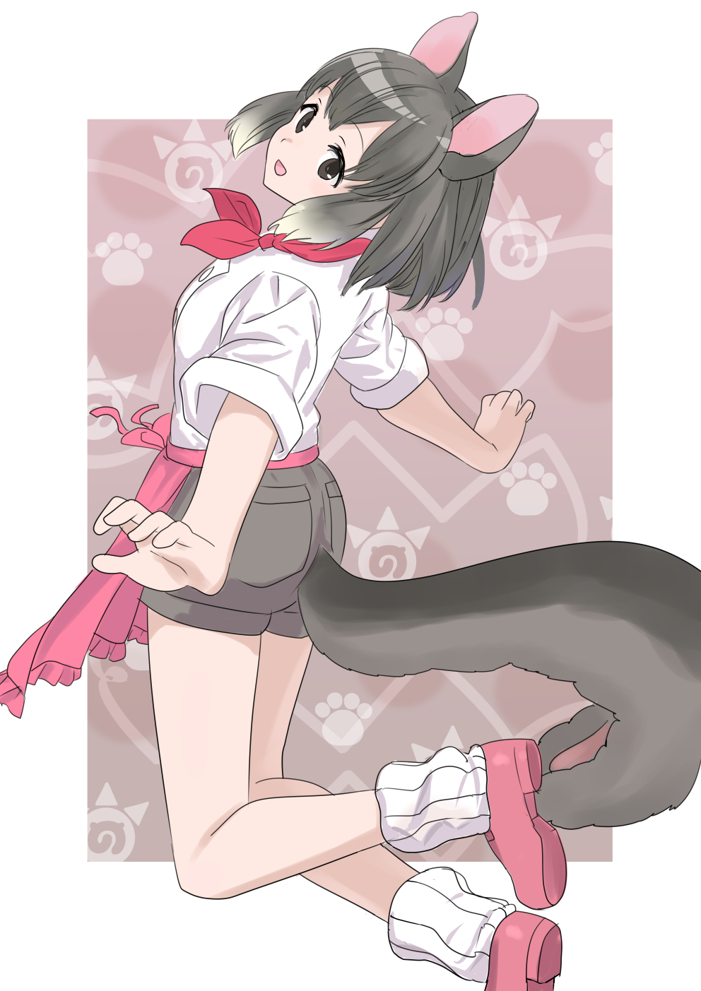 1girl, animal_ears, apron, back, black_eyes, common_brushtail_possum_(kemono_friends), grey_hair, highres