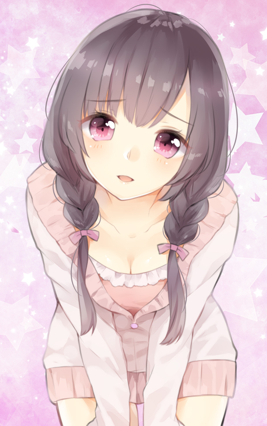 1girl, bangs, bending_forward, black_hair, blunt_bangs, braid, breasts, collarbone