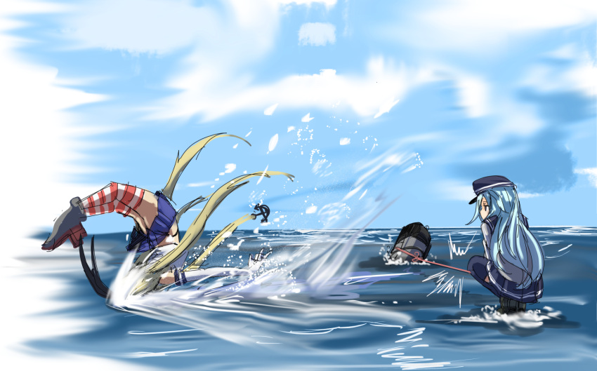 2girls, bakabakasii, hibiki_(kantai_collection), highres, kantai_collection, multiple_girls, prank, shimakaze_(kantai_collection)