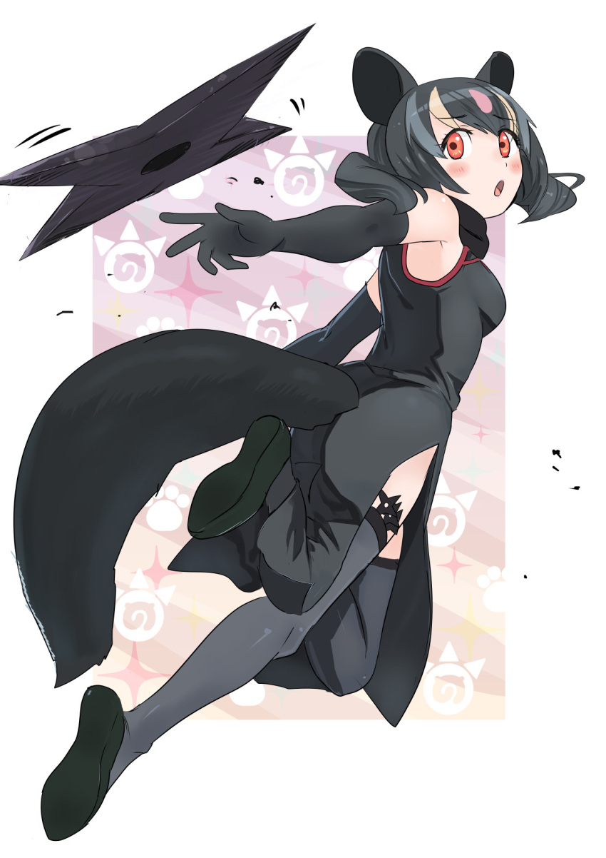 1girl, animal_ears, aye-aye_(kemono_friends), back, bare_shoulders, black_hair, blonde_hair, blush