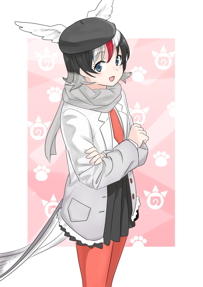 1girl, arctic_tern_(kemono_friends), black_hair, blue_eyes, coat, crossed_arms, feathered_wings, feathers