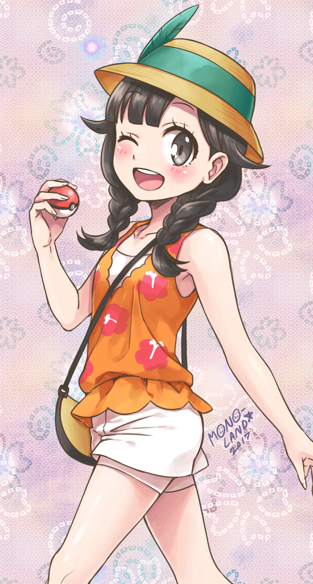 1girl, black_hair, braid, cowboy_shot, female_protagonist_(pokemon_ultra_sm), grey_eyes, hat, hat_feather, highres, long_hair, looking_at_viewer, mono_land, one_eye_closed, open_mouth, pokemon, pokemon_(game), pokemon_sm, pokemon_ultra_sm, shorts, smile, sun_hat, twin_braids, walking, white_shorts