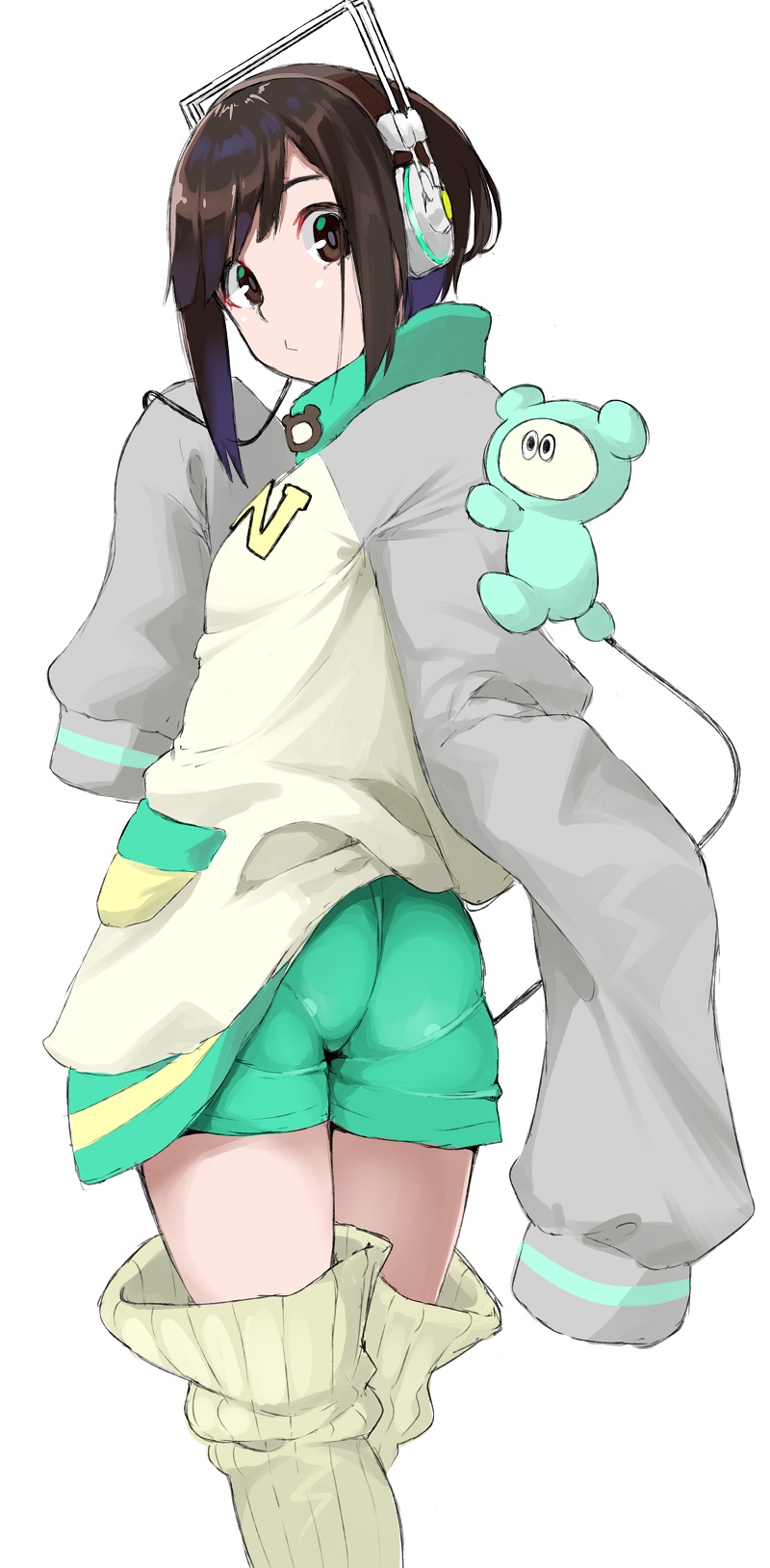 1girl, ass, black_hair, brown_eyes, cowboy_shot, headphones, highres, jacket