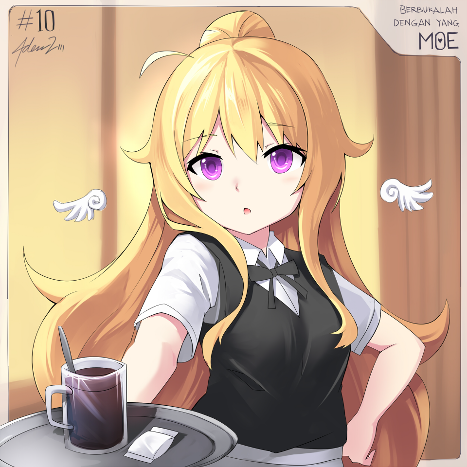 1girl, :o, ahoge, alternate_hair_color, angel_wings, black_vest, blonde_hair, chestnut_mouth