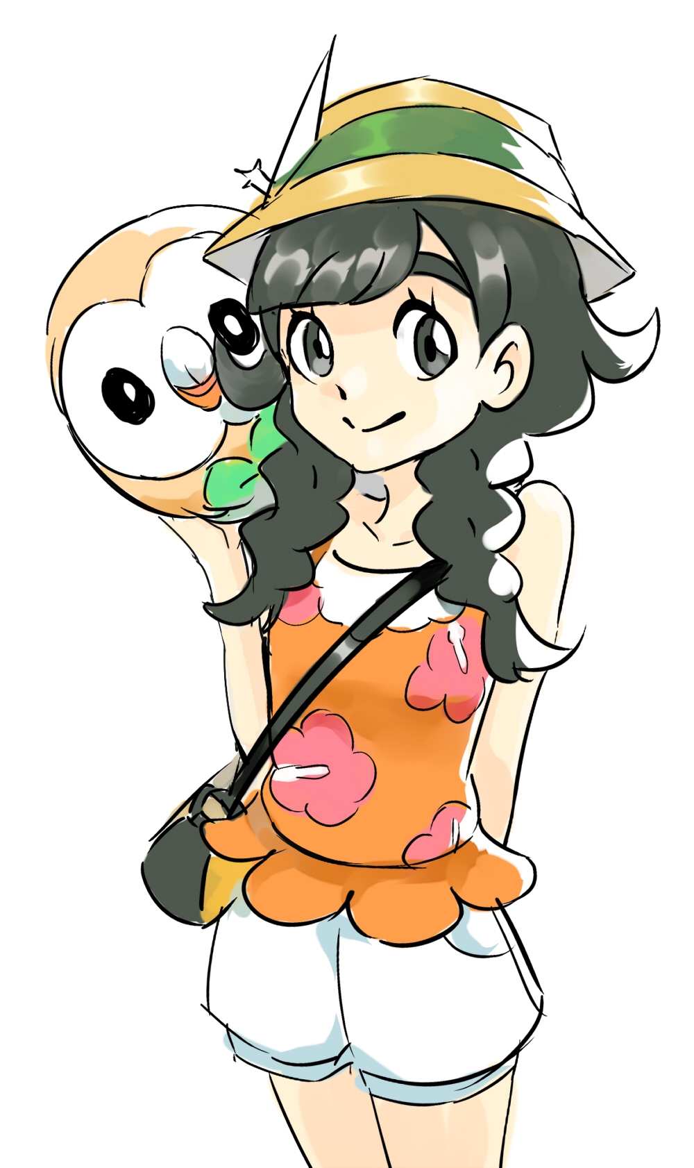 1girl, arms_behind_back, bag, black_hair, braid, cowboy_shot, female_protagonist_(pokemon_ultra_sm), floral_print