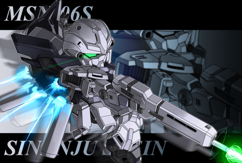 beam_rifle, character_name, energy_gun, glowing, glowing_eyes, green_eyes, gundam, gundam_unicorn, mecha, memento_vivi, no_humans, shield, sinanju_stein, zoom_layer