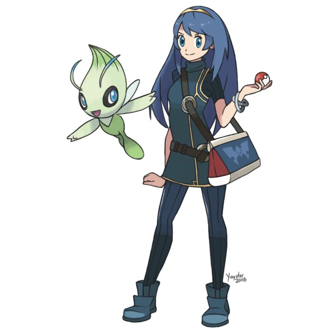 1girl, 1other, bag, blue_eyes, blue_hair, blush, cape, celebi