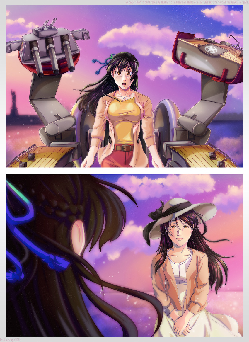 2girls, 2koma, alternate_costume, belt, black_hair, blouse, blue_ribbon, braid, breasts, brown_eyes, clouds, cloudy_sky, comic, cosplay, dress, french_braid, green_ribbon, hat, highres, iowa_(pacific), jewelry, kantai_collection, kimi_no_na_wa, large_breasts, long_hair, looking_at_another, melisaongmiqin, miyamizu_futaba, miyamizu_mitsuha, miyamizu_mitsuha_(cosplay), mole, mole_under_eye, mother_and_daughter, multicolored, multicolored_ribbon, multiple_girls, necklace, no_hat, no_headwear, open_mouth, pacific, pants, pink_cardigan, ribbon, sky, spoilers, star_necklace, statue_of_liberty, sun_hat, surprised, tears, twilight, white_dress, yellow_blouse