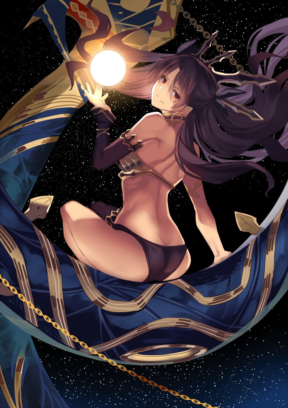 >:), 1girl, arm, arm_support, armlet, ass, asymmetrical_legwear, asymmetrical_sleeves