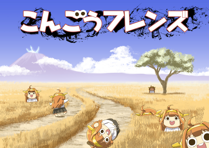 6+girls, ahoge, brown_hair, chibi, clone, clouds, double_bun, hairband