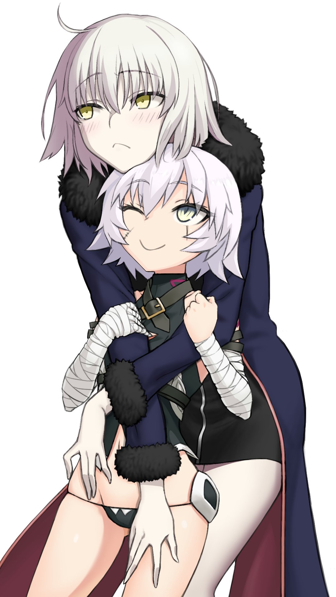2girls, arm_strap, assassin_of_black, bandage, bandaged_arm, bangs, belt, black_dress