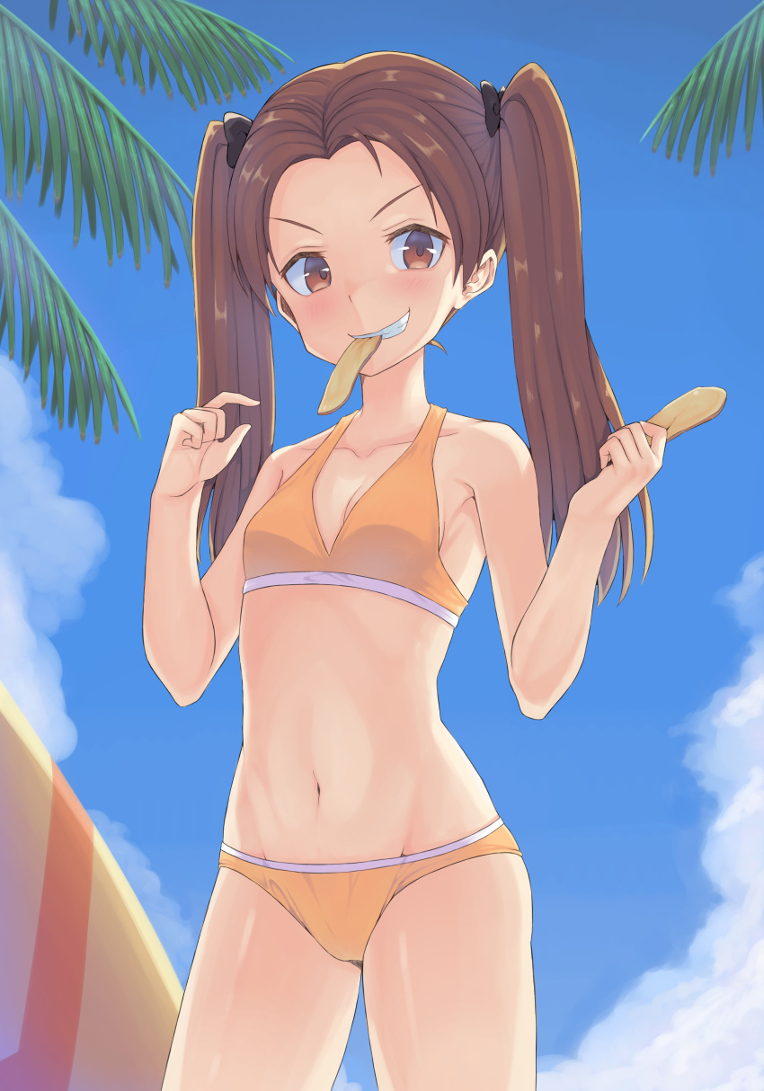 >:d, 1girl, :d, absurdres, aries, bare_arms, bare_shoulders, bikini