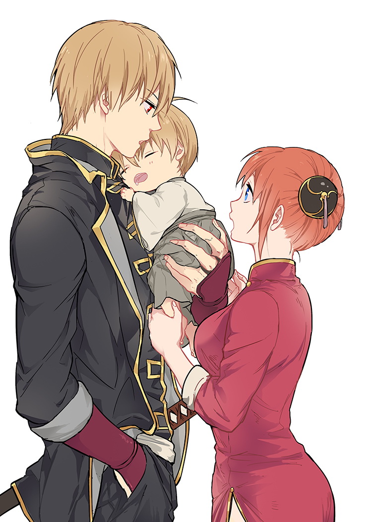 1boy, 1girl, blue_eyes, brown_hair, bun_cover, carrying, chinese_clothes, closed_eyes