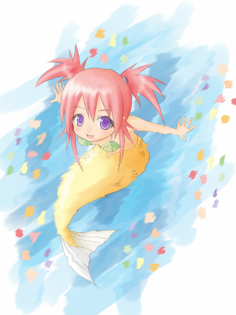 edomae_lunar, mermaid, monster_girl, pink_hair, purple_eyes, scales, seto_no_hanayome, shell_bra
