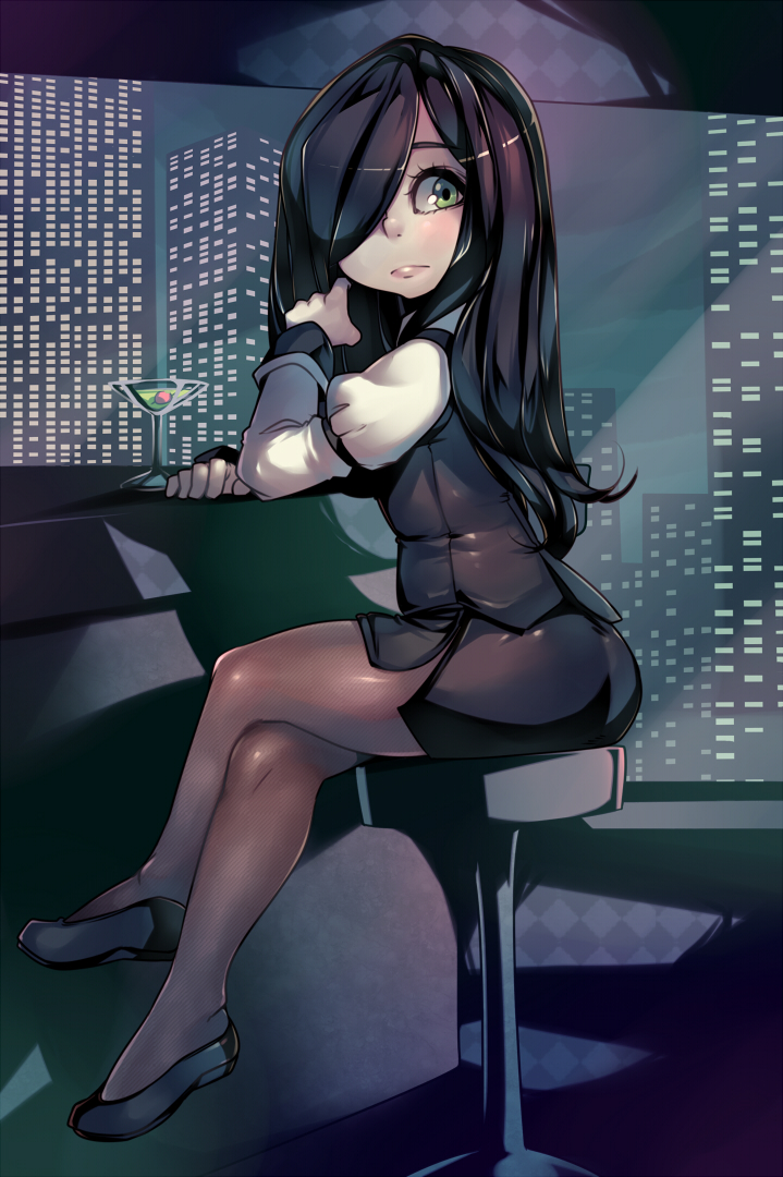 1girl, aria_wintermint, bar, black_hair, black_shoes, black_skirt, building, city