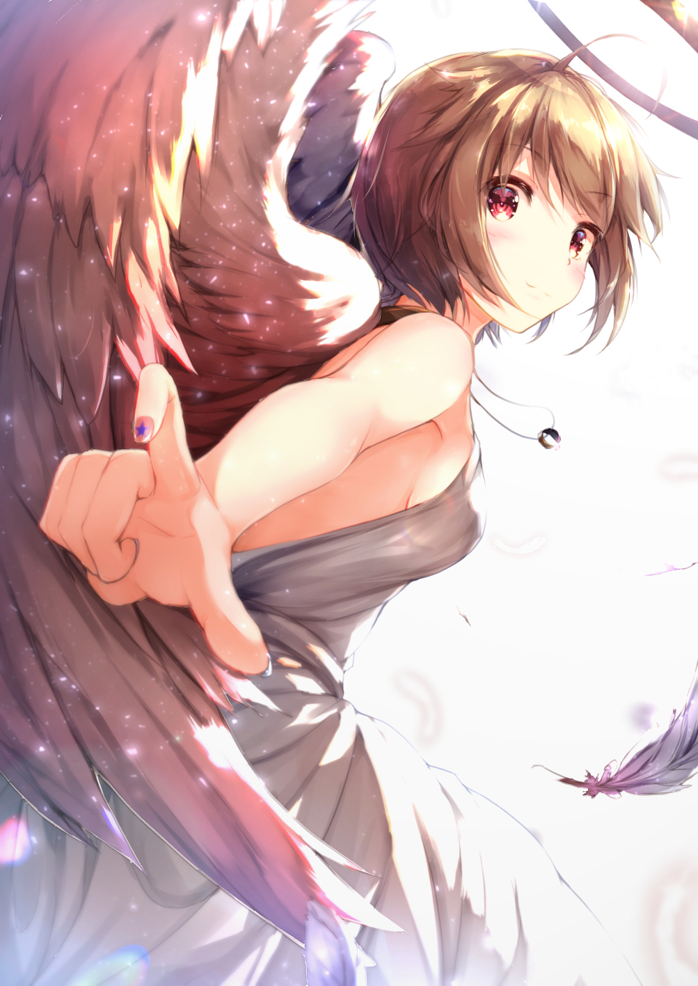 1girl, ahoge, breasts, brown_hair, feathered_wings, feathers, highres, ibuki_tsubasa