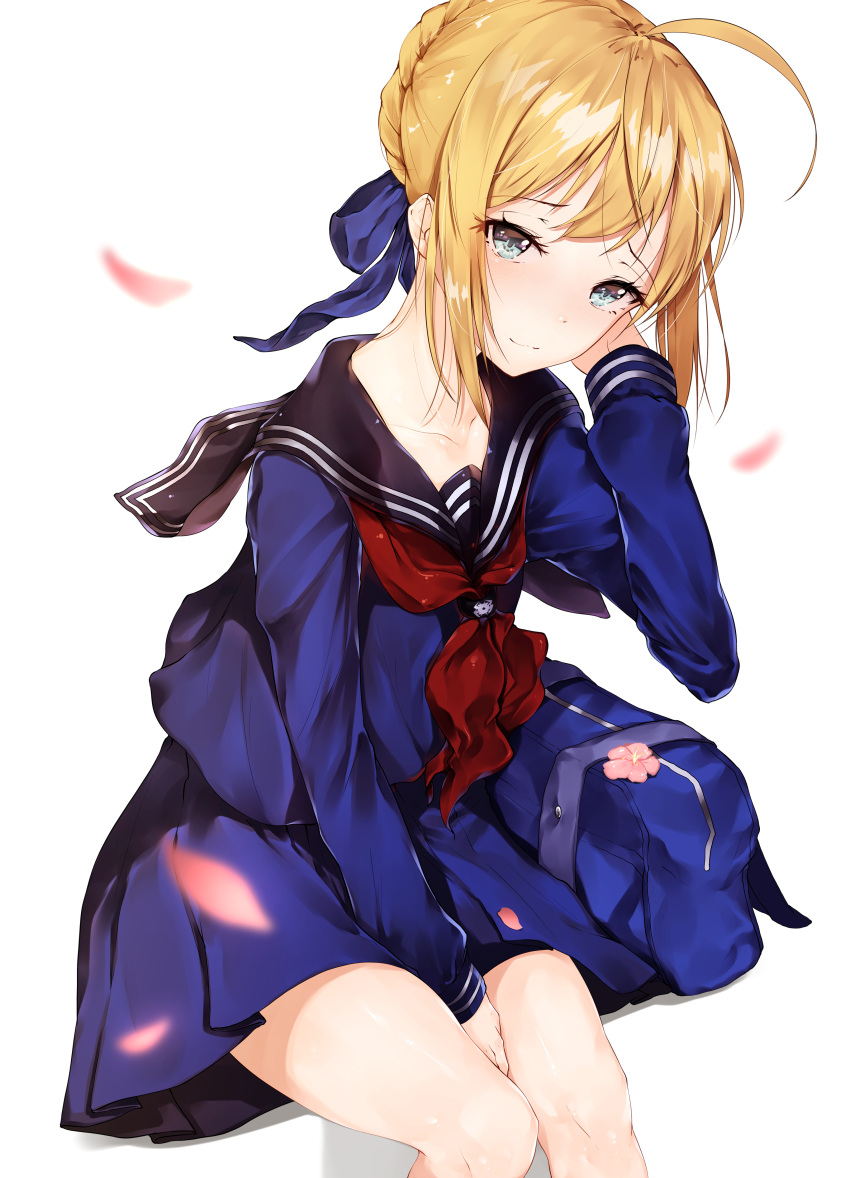 1girl, absurdres, ahoge, bag, bag_removed, bangs, between_legs, blonde_hair