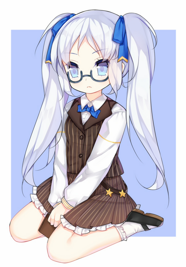 1girl, black_shoes, blue_bow, blue_bowtie, blue_eyes, blue_ribbon, bow, bowtie