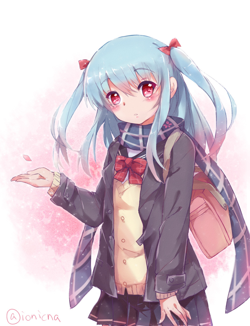 1girl, bag, beige_sweater, blue_dress, blue_hair, blush, bow, bowtie
