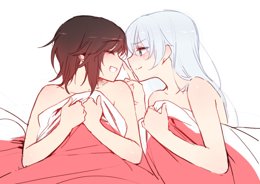 2girls, bare_shoulders, bed, bed_sheet, black_hair, blue_eyes, blush, closed_eyes, finger_to_nose, long_hair, looking_at_another, multiple_girls, naked_sheet, ndgd_(bean1215), ruby_rose, rwby, scar, short_hair, simple_background, smile, teeth, weiss_schnee, white_background, white_hair, yuri