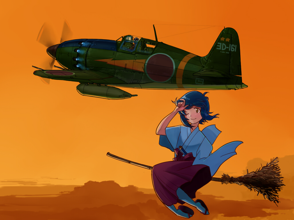 1boy, 1girl, aircraft, airplane, broom, broom_riding, character_request, clouds, commentary_request, dusk, fantasy, flying, imperial_japanese_army, inui_(jt1116), j2m_raiden, japan, military, military_vehicle, pilot, pilot_suit, real_life, roundel, scarf, witch, world_war_ii