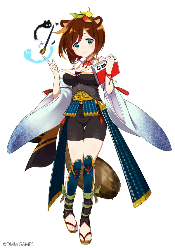 animal_ears, bike_shorts, blue_eyes, breasts, brown_hair, cleavage, copyright_name, detached_sleeves, hirado_(oshiro_project), kamaboko_red, navel, oshiro_project, oshiro_project_re, raccoon_ears, raccoon_tail, sandals, tail, white_background