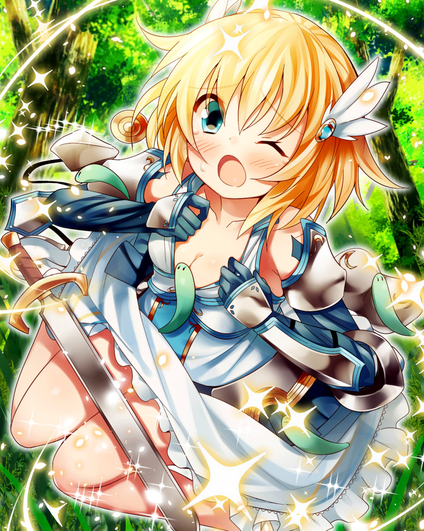 1girl, ;d, angel_master, blue_eyes, blue_gloves, blue_hair, breasts, cleavage