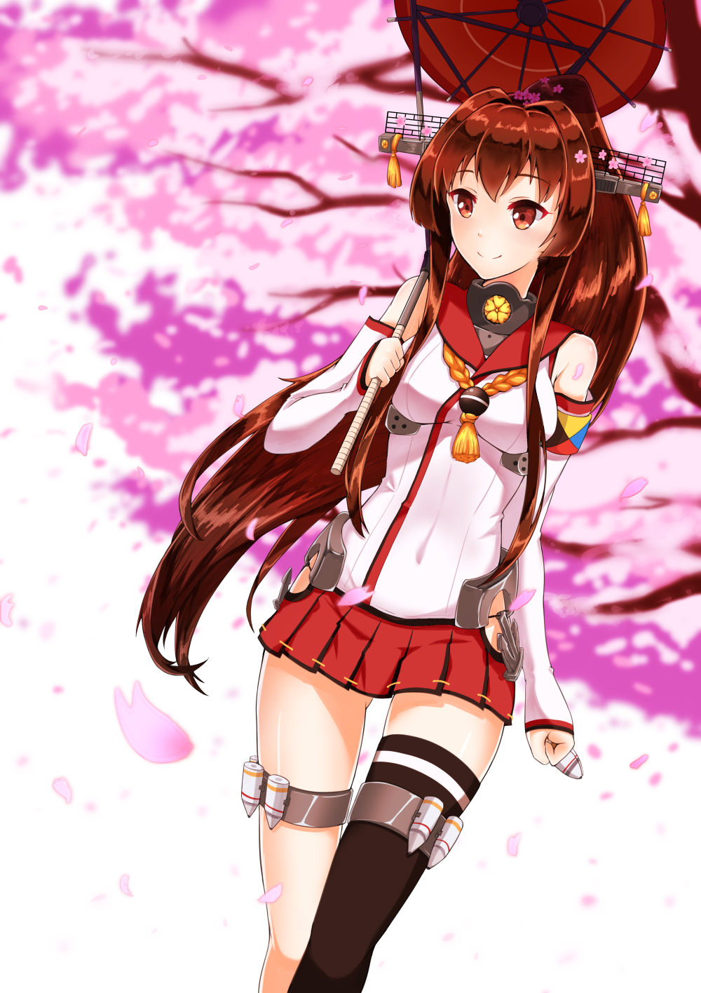 1girl, brown_eyes, brown_hair, cherry_blossoms, detached_sleeves, flower, hair_flower, hair_ornament
