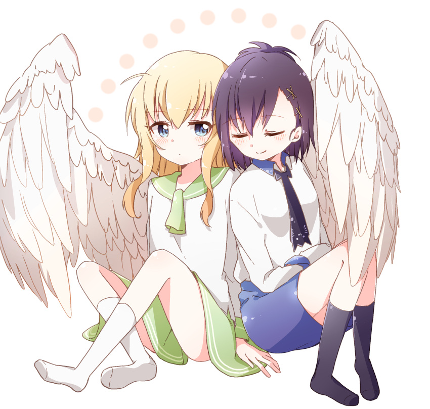 2girls, ahoge, angel_wings, animal_band, arm_support, bafarin, black_legwear, blonde_hair, blue_eyes, blush, commentary_request, feathered_wings, gabriel_dropout, green_skirt, highres, multiple_girls, necktie, no_shoes, purple_hair, sailor_collar, side-by-side, skirt, sleeping, sleeping_on_person, smile, tenma_gabriel_white, tsukinose_vignette_april, white_legwear, white_wings, wings, yuri