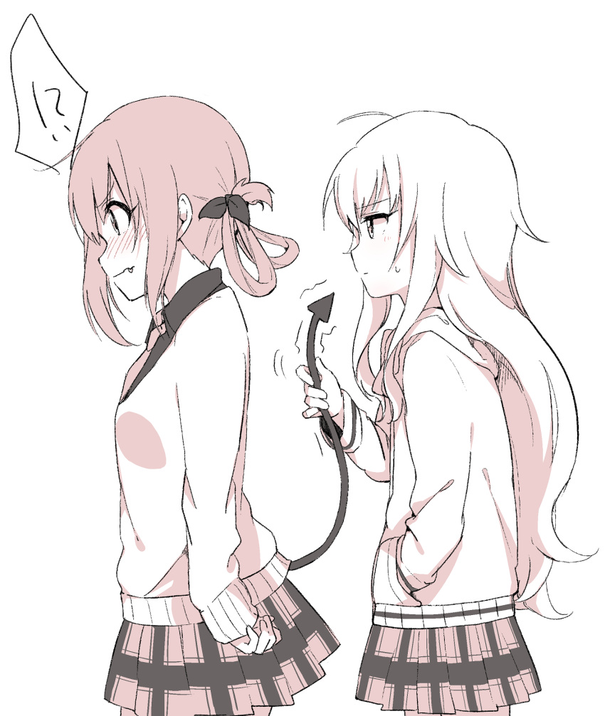 !?, 2girls, ahoge, bafarin, blush, cardigan, commentary_request, demon_tail