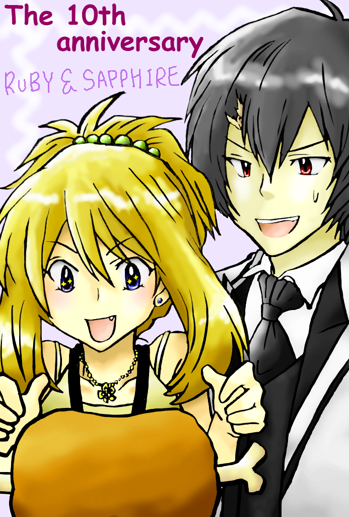 blue_eyes, boned_meat, brown_hair, character_name, chiki2_rider_tadaima_sanjyou, dress, earrings, fang, food, formal, jewelry, meat, necklace, necktie, odamaki_sapphire, open_mouth, pokemon, pokemon_special, ruby_(pokemon), short_hair, smile, sparkle, sparkles, suit, sweatdrop