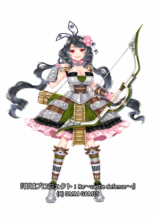 arrow, black_hair, bow_(weapon), breasts, cleavage, commentary_request, copyright_name, flower