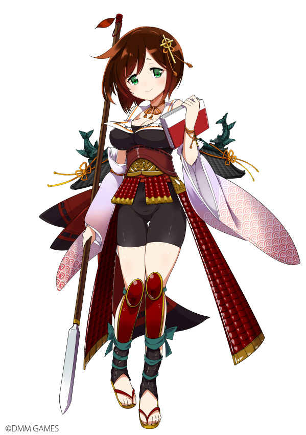 bike_shorts, book, breasts, brown_hair, cleavage, commentary_request, copyright_name, cross, detached_sleeves, green_eyes, hair_ornament, hinotake_(oshiro_project), kamaboko_red, oshiro_project, oshiro_project_re, polearm, sandals, shachihoko, short_hair, spear, weapon, white_background
