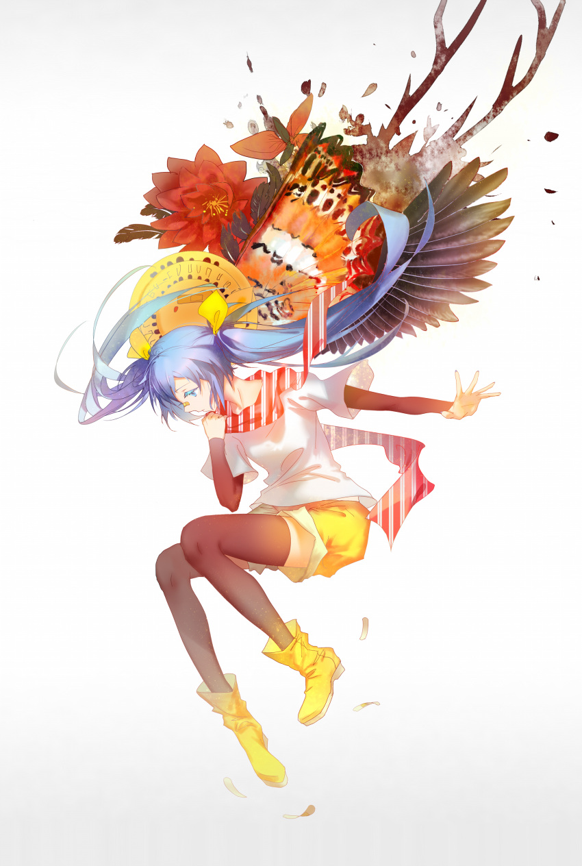 1girl, absurdres, ankle_boots, bandaid, blue_eyes, blue_hair, boots, breasts, common_world_domination_(vocaloid), expressionless, feathers, flower, full_body, hair_ornament, hatsune_miku, highres, layered_sleeves, long_hair, long_sleeves, scarf, shorts, simple_background, solo, thigh-highs, twintails, vocaloid, wings, yyb