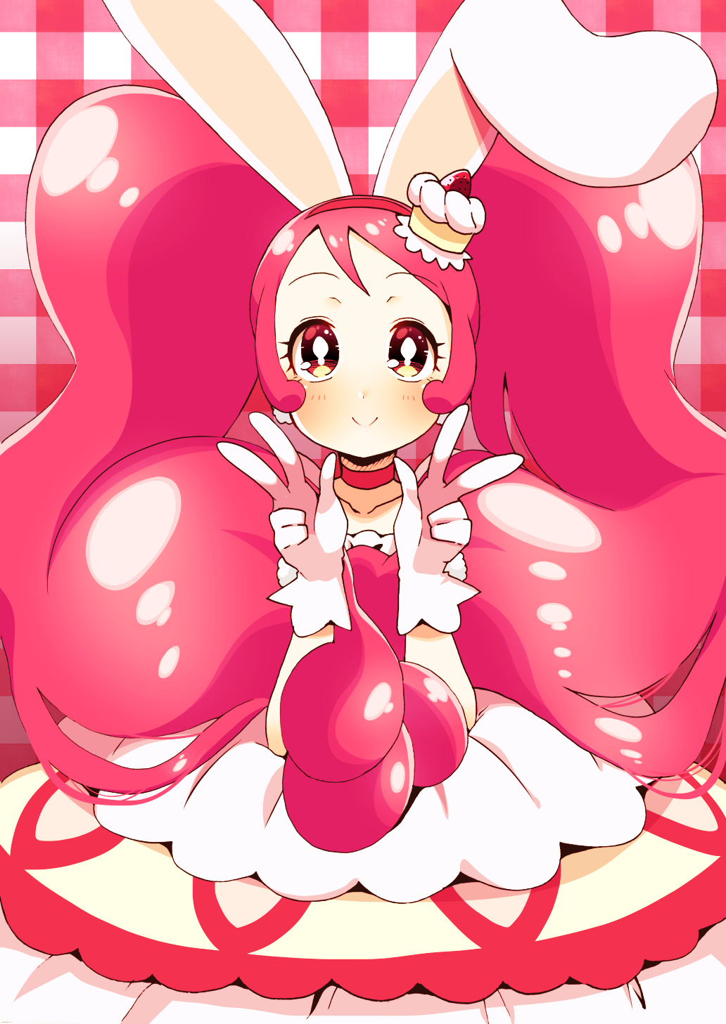 1girl, animal_ears, blush, cake_hair_ornament, cure_whip, double_v, earrings, extra_ears