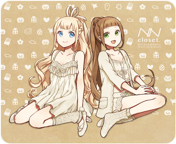 2girls, :d, bare_shoulders, beige, beige_background, blonde_hair, blue_eyes, braid