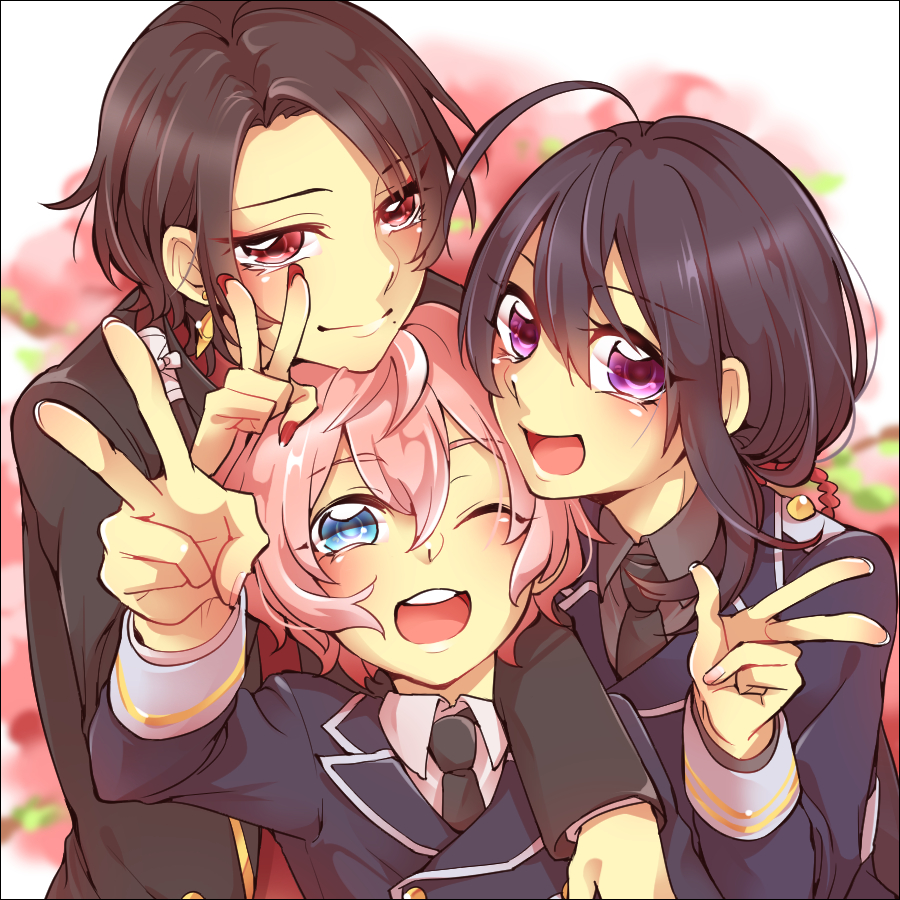 3boys, :d, ;d, ahoge, akita_toushirou, black_border, black_hair, blue_eyes, border, brown_hair, kashuu_kiyomitsu, kouho_(matya03), male_focus, mole, mole_under_mouth, multiple_boys, nail_polish, namazuo_toushirou, necktie, one_eye_closed, open_mouth, pink_hair, ponytail, red_eyes, red_nails, smile, touken_ranbu, v, violet_eyes
