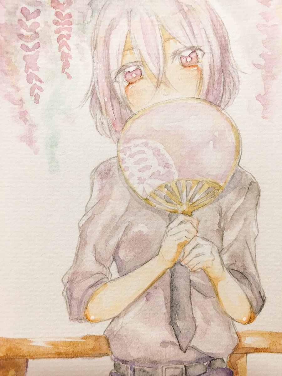 1boy, fan, flower, highres, honebami_toushirou, kouho_(matya03), lilac, male_focus, necktie, paper_fan, touken_ranbu, traditional_media, uchiwa, violet_eyes, watercolor_(medium), white_hair