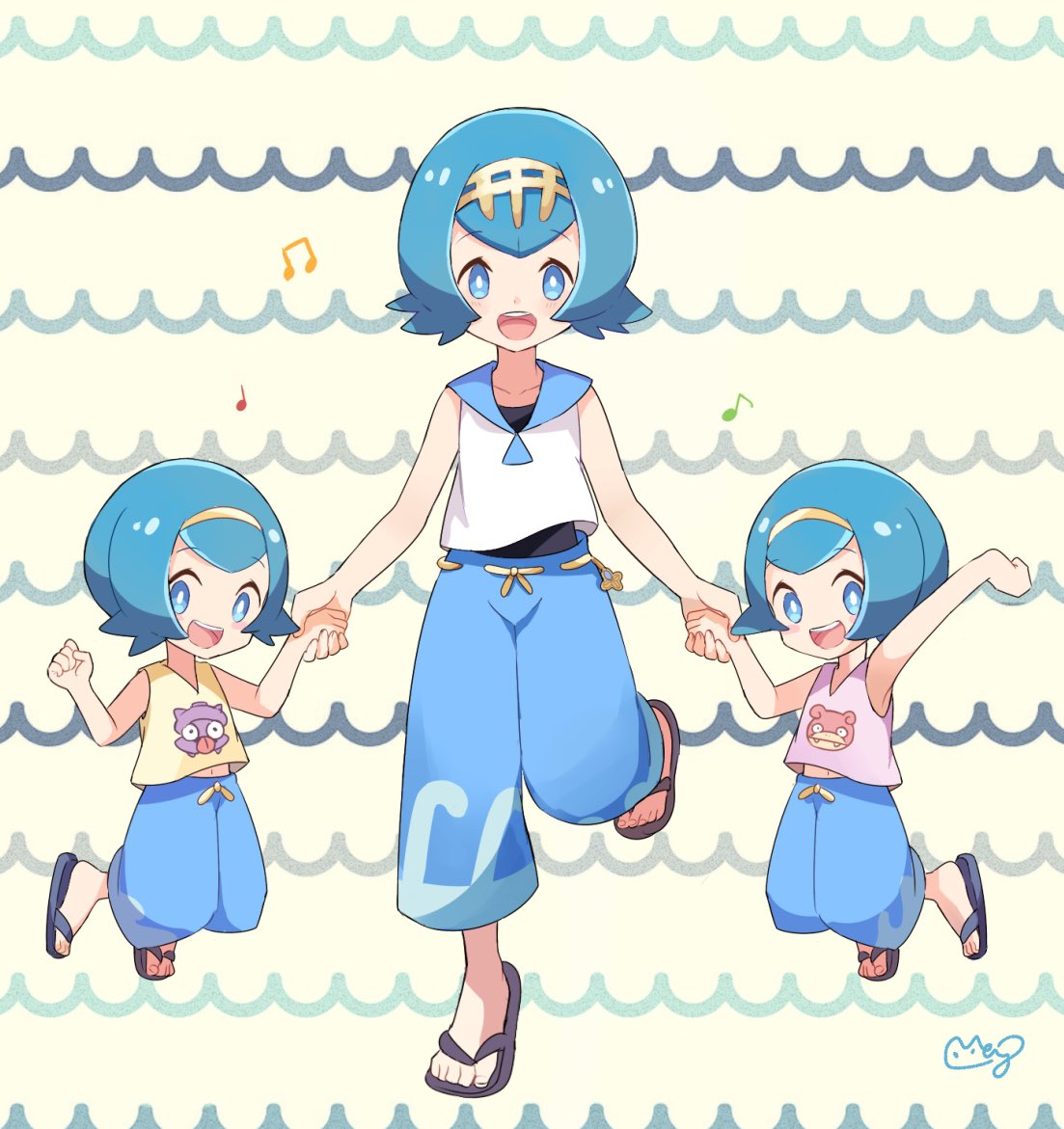 3girls, bad_id, bad_twitter_id, beamed_eighth_notes, blue_eyes, blue_hair, blue_pants, eighth_note, hairband, harper_(pokemon), holding_hands, lana_(pokemon), mei_(maysroom), multiple_girls, musical_note, open_mouth, pants, pokemon, pokemon_(anime), pokemon_sm_(anime), quarter_note, sandals, sarah_(pokemon), shirt, short_hair, siblings, sisters, sleeveless, sleeveless_shirt, swimsuit, swimsuit_under_clothes