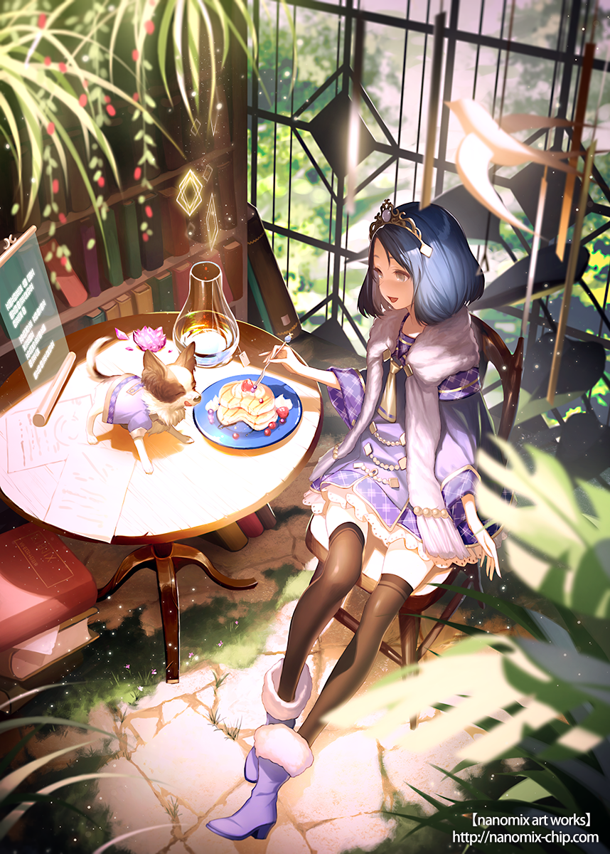 1girl, black_legwear, blue_hair, blush, boots, chair, chippu, food