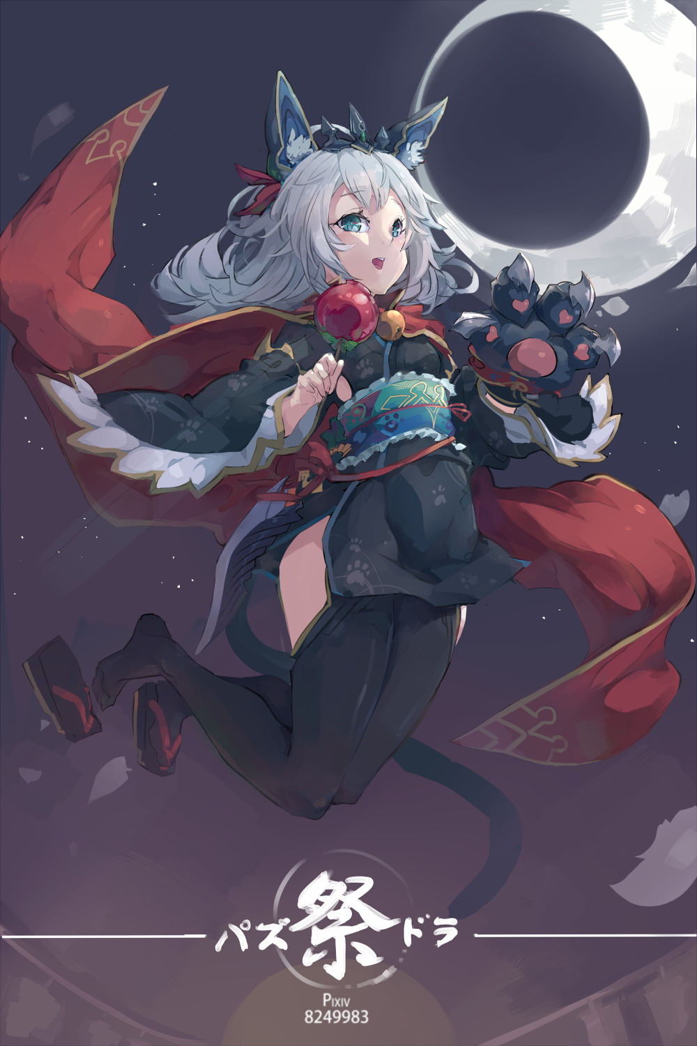 1girl, animal_ears, cape, crescent_moon, green_eyes, highres, japanese_clothes, kimono