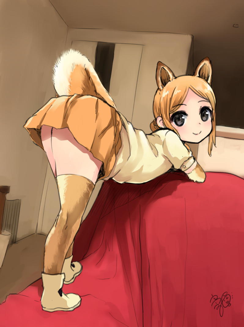 1girl, animal_ears, arm_rest, ass, bangs, bed, beige_shirt, beige_shoes