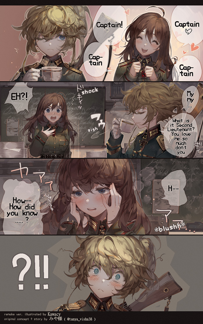 2girls, 4koma, ?!!, artist_name, blonde_hair, blush, brown_hair, chalkboard