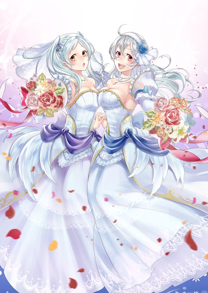 2girls, bare_shoulders, blush, bouquet, bridal_veil, bride, cape, dress, elbow_gloves, female_my_unit_(fire_emblem:_kakusei), female_my_unit_(fire_emblem_if), fire_emblem, fire_emblem:_kakusei, fire_emblem_heroes, fire_emblem_if, flower, formal, gloves, hairband, kaboplus_ko, long_hair, looking_at_viewer, multiple_girls, my_unit_(fire_emblem:_kakusei), my_unit_(fire_emblem_if), open_mouth, pointy_ears, red_eyes, smile, strapless, super_smash_bros., twintails, veil, wedding_dress, white_gloves, white_hair