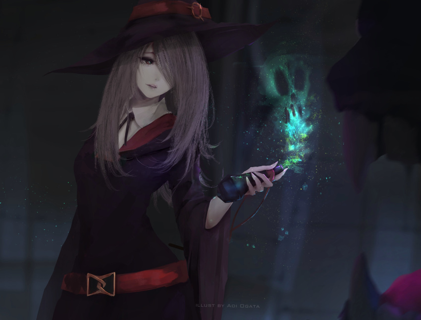 1girl, absurdres, aoi_ogata, arm_up, artist_name, bangs, black_ribbon, brown_eyes, collared_shirt, commentary, dress, hair_over_one_eye, hat, highres, holding, lavender_hair, lavender_lipstick, little_witch_academia, long_hair, long_sleeves, neck_ribbon, purple_dress, purple_hat, ribbon, shirt, solo, sucy_manbavaran, white_shirt, wide_sleeves, wing_collar, witch_hat