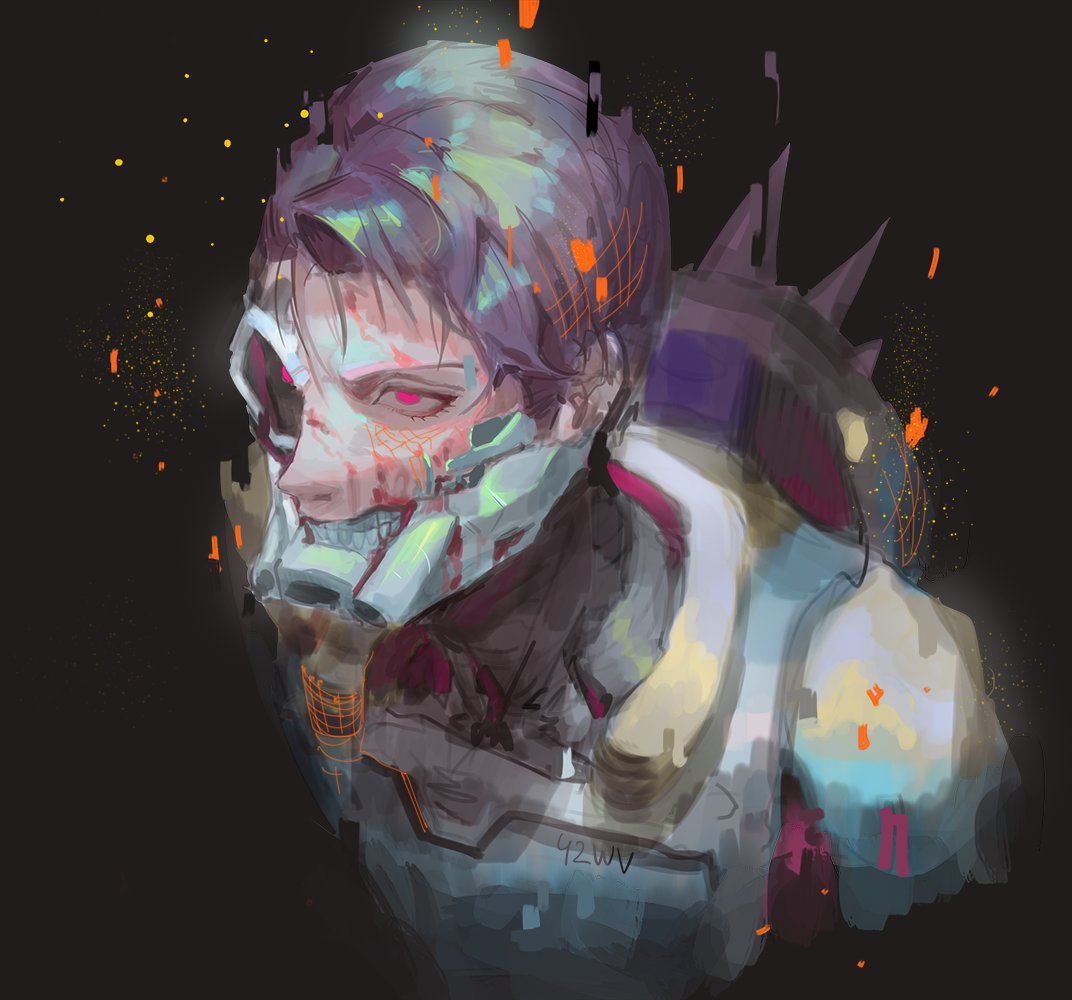 1boy, armor, artist_name, black_hair, commentary, glowing, glowing_eyes, kamen_rider, kamen_rider_ex-aid_(series), kamen_rider_lazer, kuujou_kiriya, male_focus, pink_eyes, shinigami_wyvern, simple_background, solo, teeth, upper_body