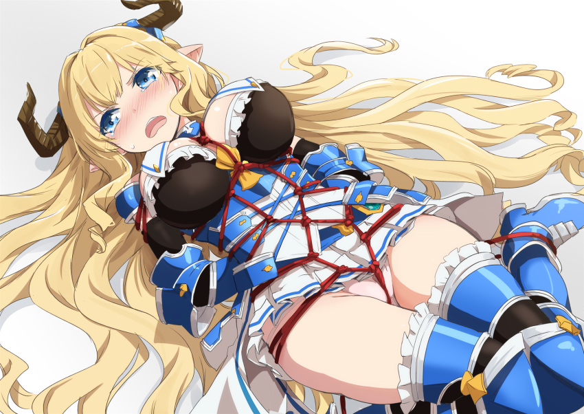 1girl, armor, armored_boots, arms_behind_back, bdsm, blush, bondage, boots