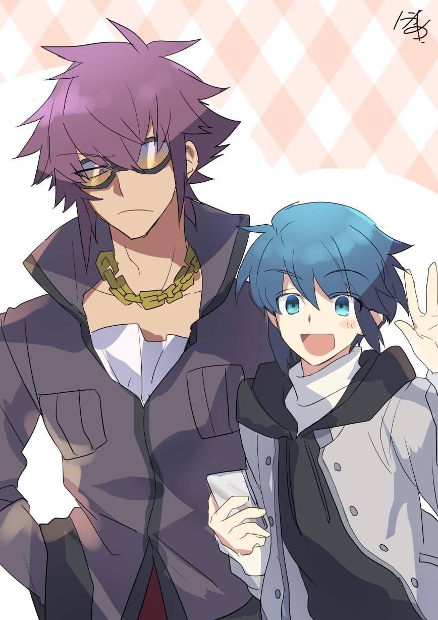 2boys, blue_eyes, casual, chains, gold_chain, hand_in_pocket, height_difference, highres