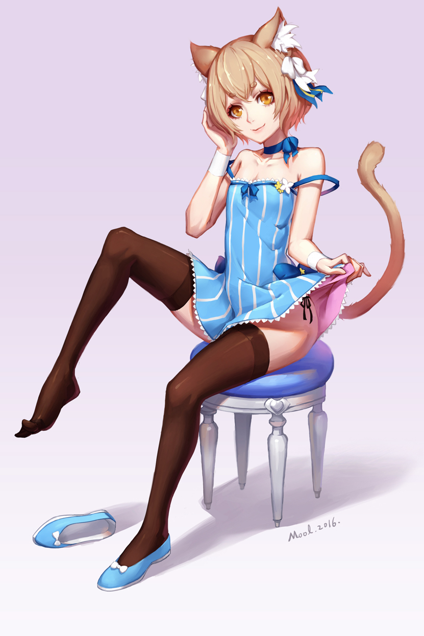 1boy, 2016, animal_ears, artist_name, bare_shoulders, black_legwear, black_panties, blue_bow