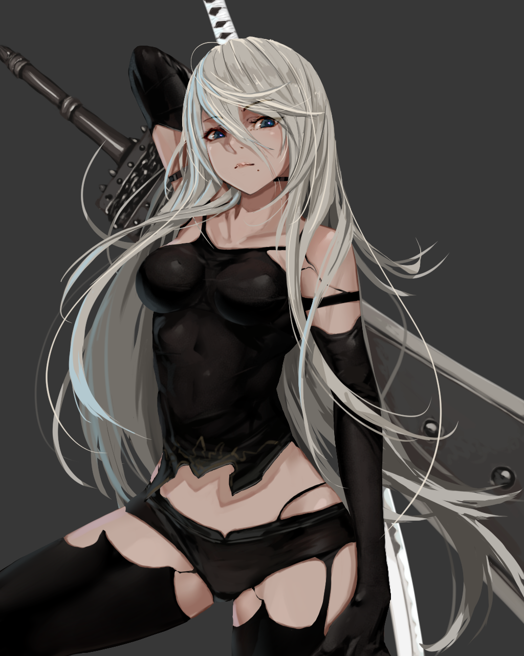 1girl, android, arm_at_side, arm_behind_head, arm_up, armlet, bangs, bare_shoulders
